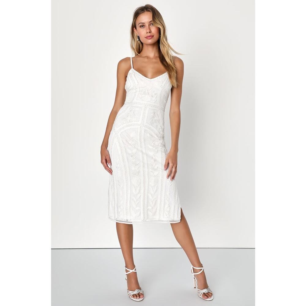 NWT Lulus Alluring Interest White Sequin Embroidered Sleeveless Dress Wedding L